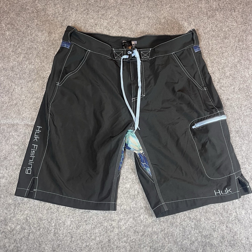 Huk Swim Board Shorts Mens Large Black Stretch Zip Pocket Fishing 10" Inseam